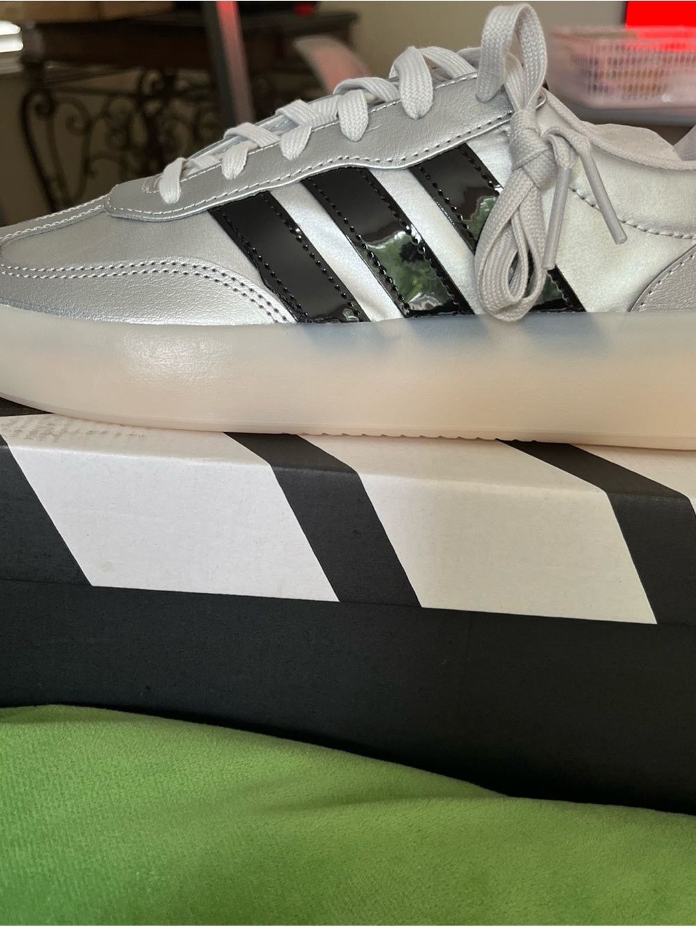 Adidas Barreda Decode J Silver Metallic Black Patent Stripes Sneakers US 6.5